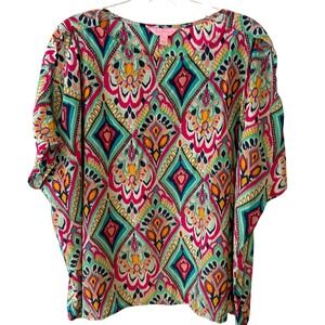 Lilly Pulitzer‎ Women's Aqua Print 100% Silk Trace Crown Jewels Top in Size M